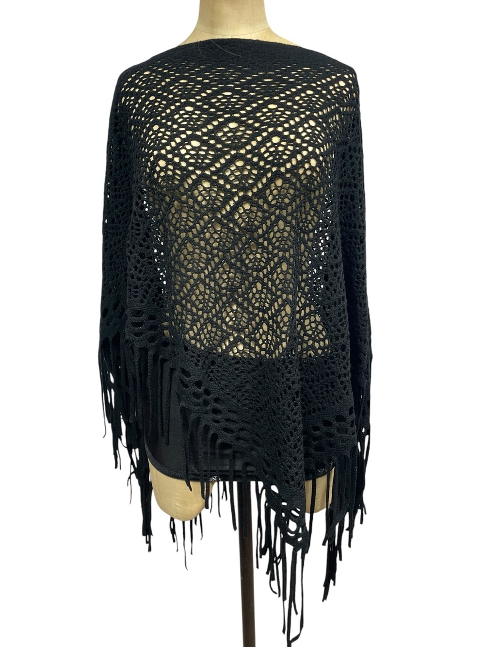 Black Open Knit Poncho Crochet Boho Cape Fringe One Size Soft Cottage Whimsy